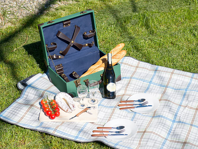 ; Geschirrsets in Tragekoffern für Picknicks, Camping und Ausflüge Picknickdecken Flaschenöffner 